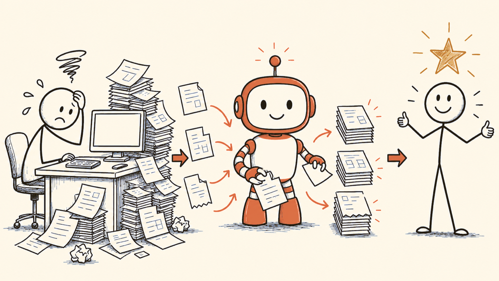Illustration au trait : un restaurateur débordé par des piles de papiers, un agent robot qui les trie, et le restaurateur soulagé