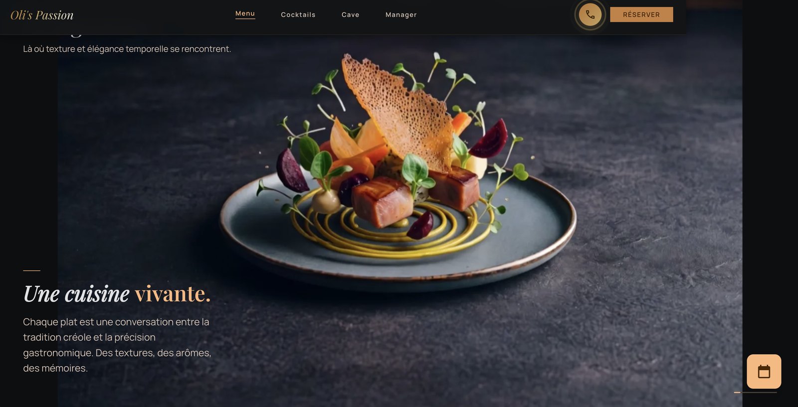 La page d'accueil du site Oli's Passion : son menu, un plat en grand, et le bouton Réserver en haut à droite.