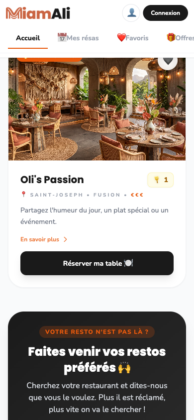 La réservation vue du téléphone d'un client : la fiche d'un restaurant et son bouton Réserver.