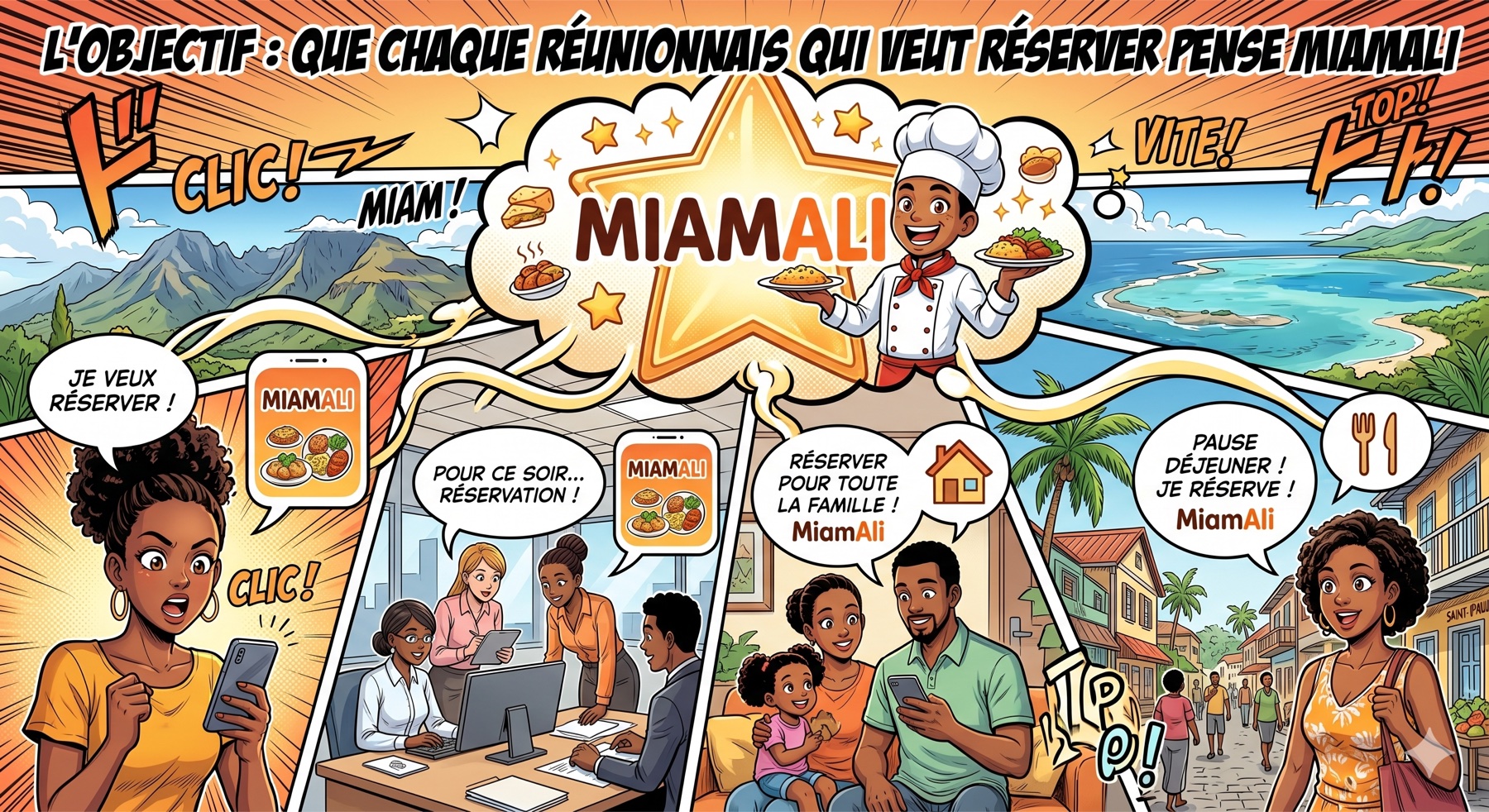 Planche illustrée : des Réunionnais réservent leur table sur MiamAli depuis leur téléphone, du bureau à la maison, de Saint-Paul au lagon