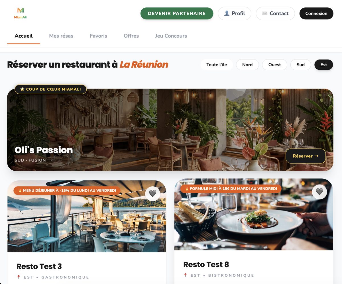 Aperçu du site de réservation MiamAli à La Réunion