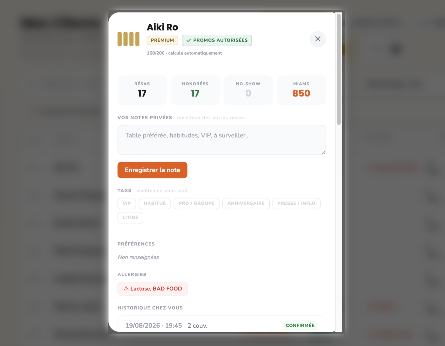 La fiche client dans MiamOS : réservations, honorées, no-show, points Miams, notes privées, tags, allergies et historique